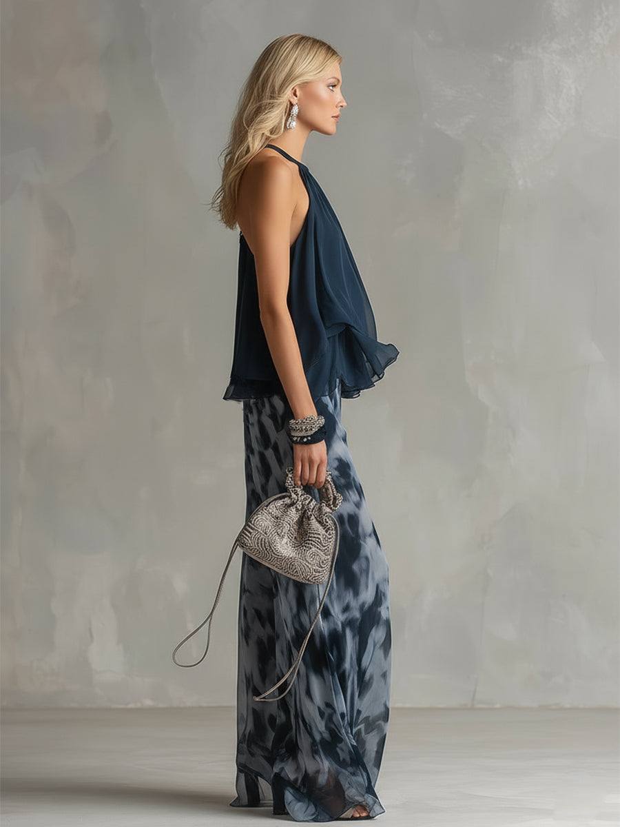Ludovica – Ensemble élégant en chiffon avec top à col montant et pantalon large imprimé