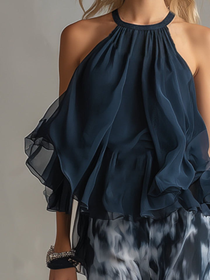 Ludovica – Ensemble élégant en chiffon avec top à col montant et pantalon large imprimé