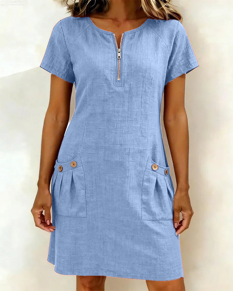 Robe zippée en coton et lin avec poches