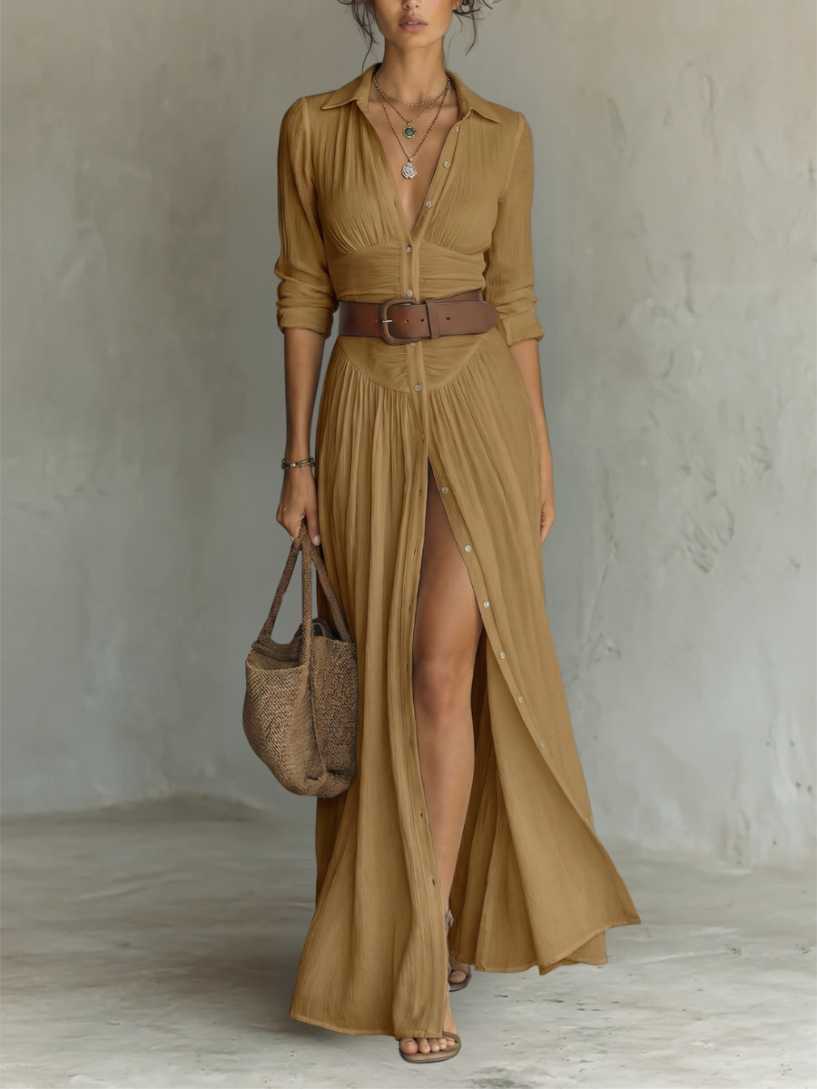 Robe Maxi Longue avec Col Revers et Manches Longues en Lin pour Femme