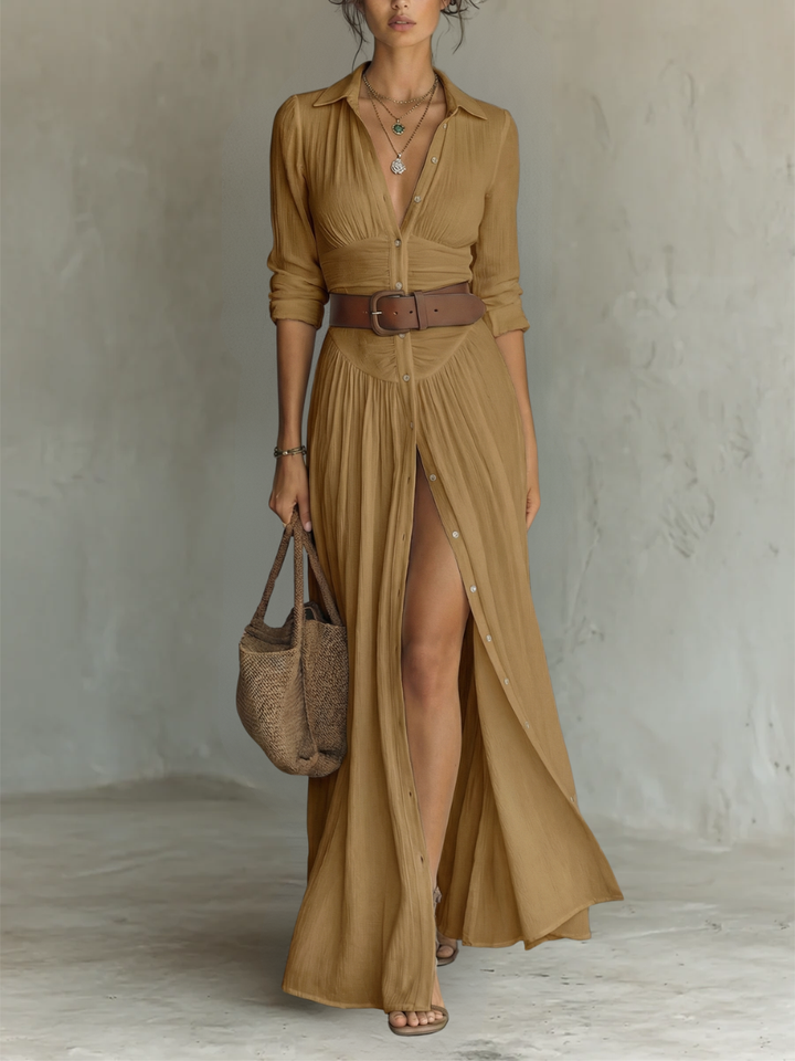 Robe Maxi Longue avec Col Revers et Manches Longues en Lin pour Femme
