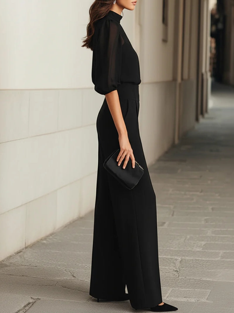 Valentina | Ensemble trois pièces noir avec top camisole transparent et pantalon large