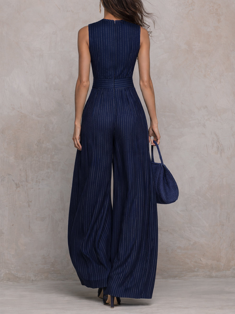 Anna – Combinaison bleu foncé à rayures avec décolleté goutte et pantalon à jambe large