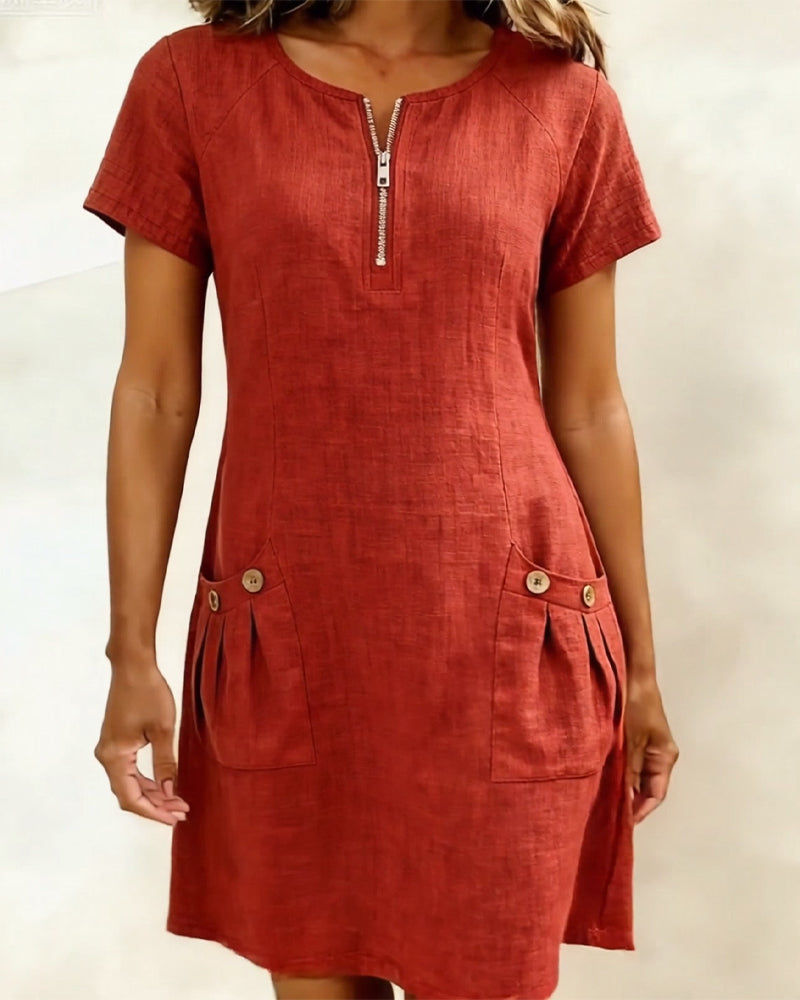 Robe zippée en coton et lin avec poches
