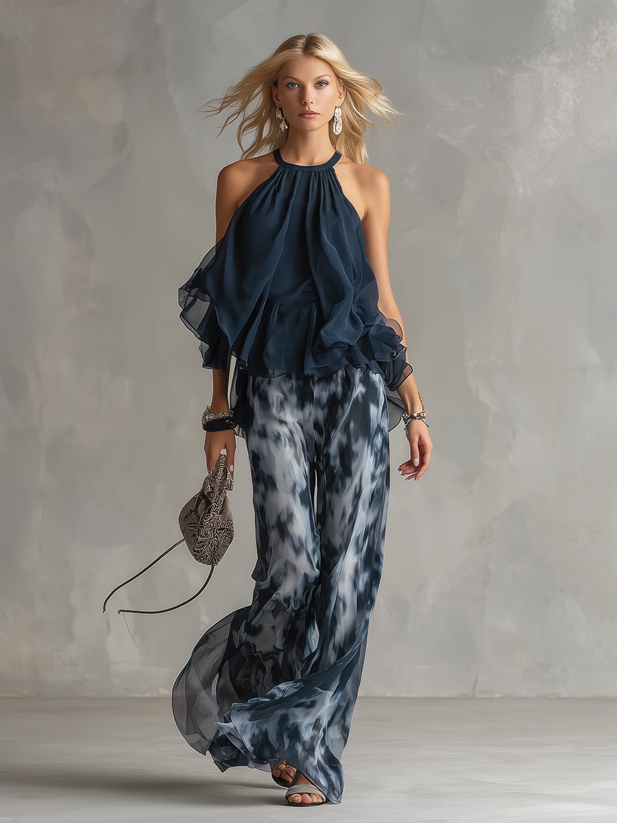 Ludovica – Ensemble élégant en chiffon avec top à col montant et pantalon large imprimé