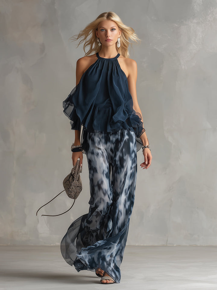 Ludovica – Ensemble élégant en chiffon avec top à col montant et pantalon large imprimé