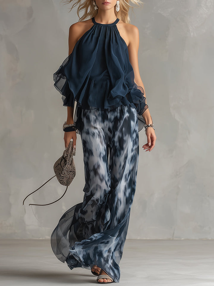 Ludovica – Ensemble élégant en chiffon avec top à col montant et pantalon large imprimé