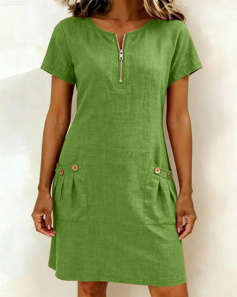 Robe zippée en coton et lin avec poches
