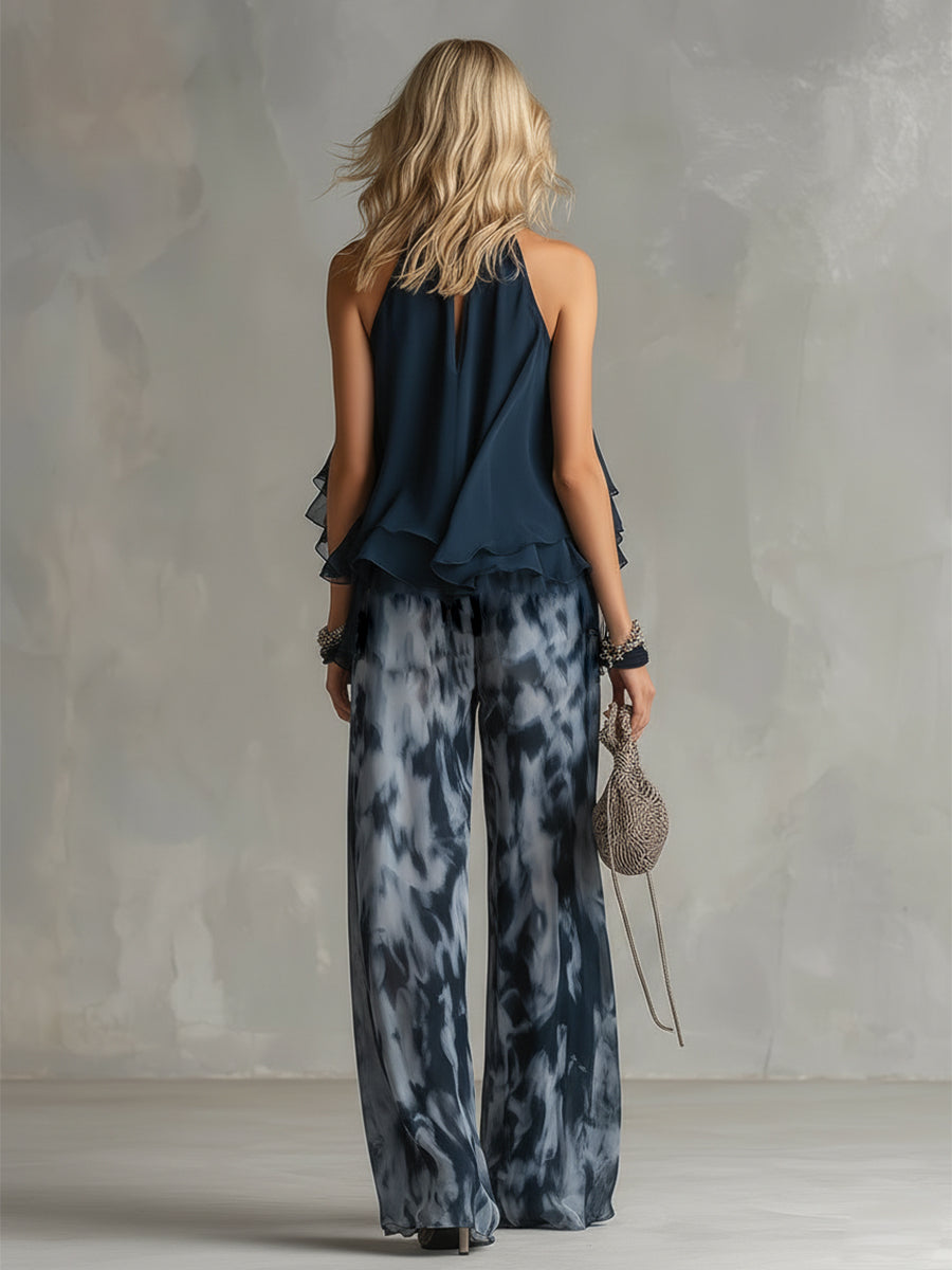Ludovica – Ensemble élégant en chiffon avec top à col montant et pantalon large imprimé