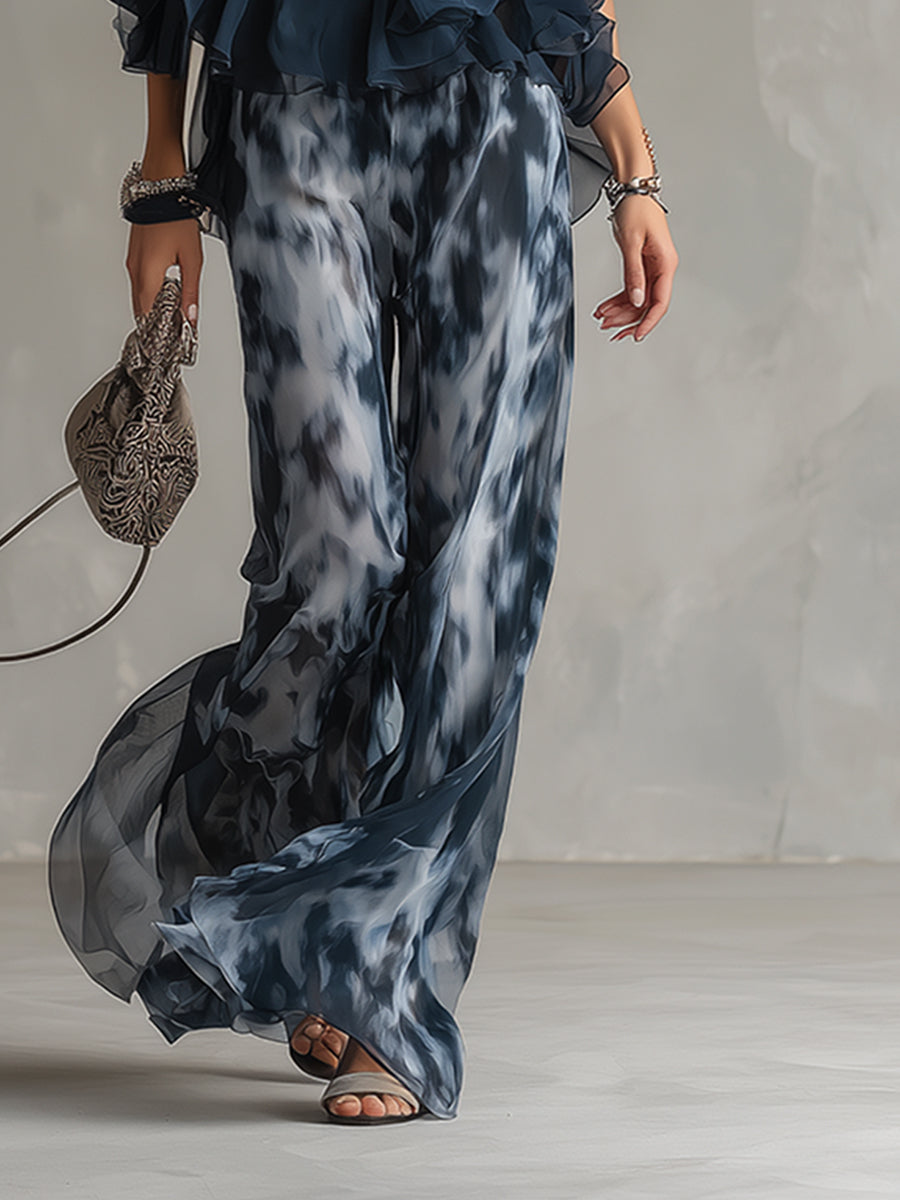 Ludovica – Ensemble élégant en chiffon avec top à col montant et pantalon large imprimé