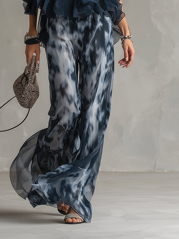 Ludovica – Ensemble élégant en chiffon avec top à col montant et pantalon large imprimé