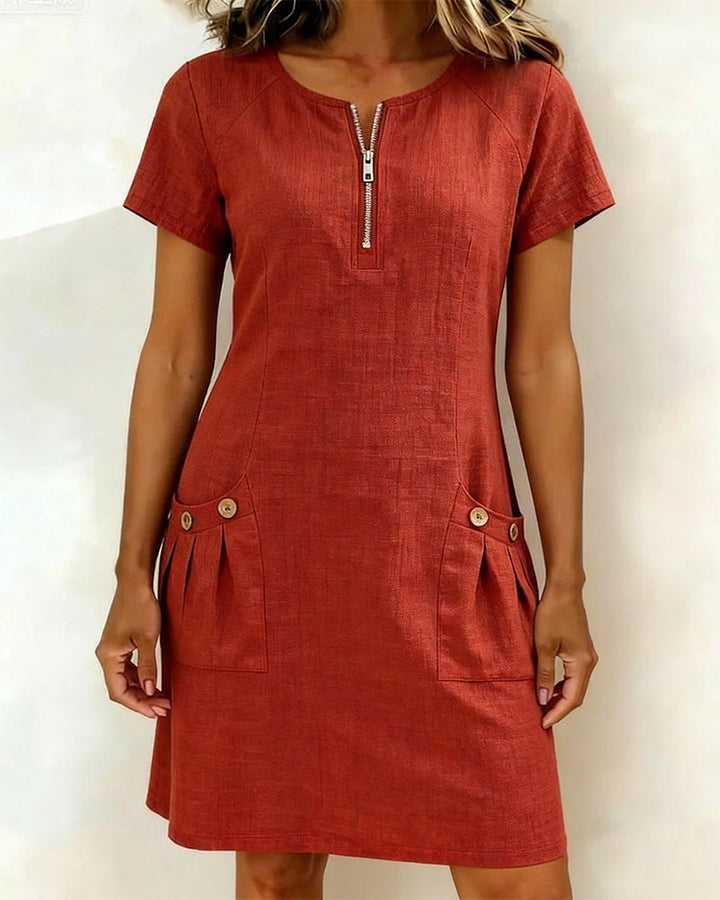 Robe zippée en coton et lin avec poches
