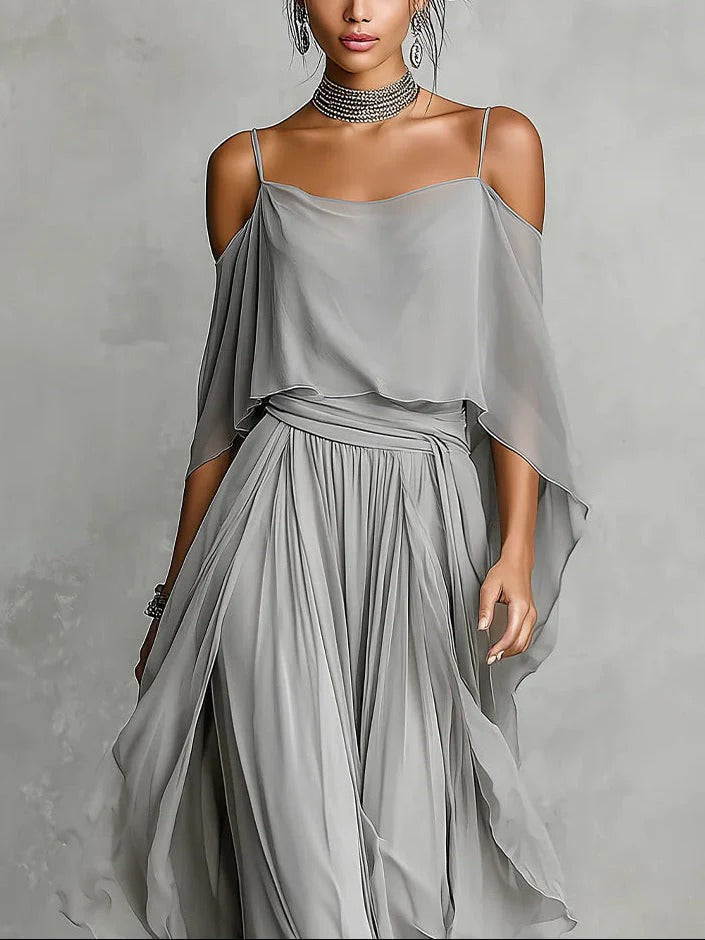 Isabela | Ensemble top à bretelles gris et pantalon fluide