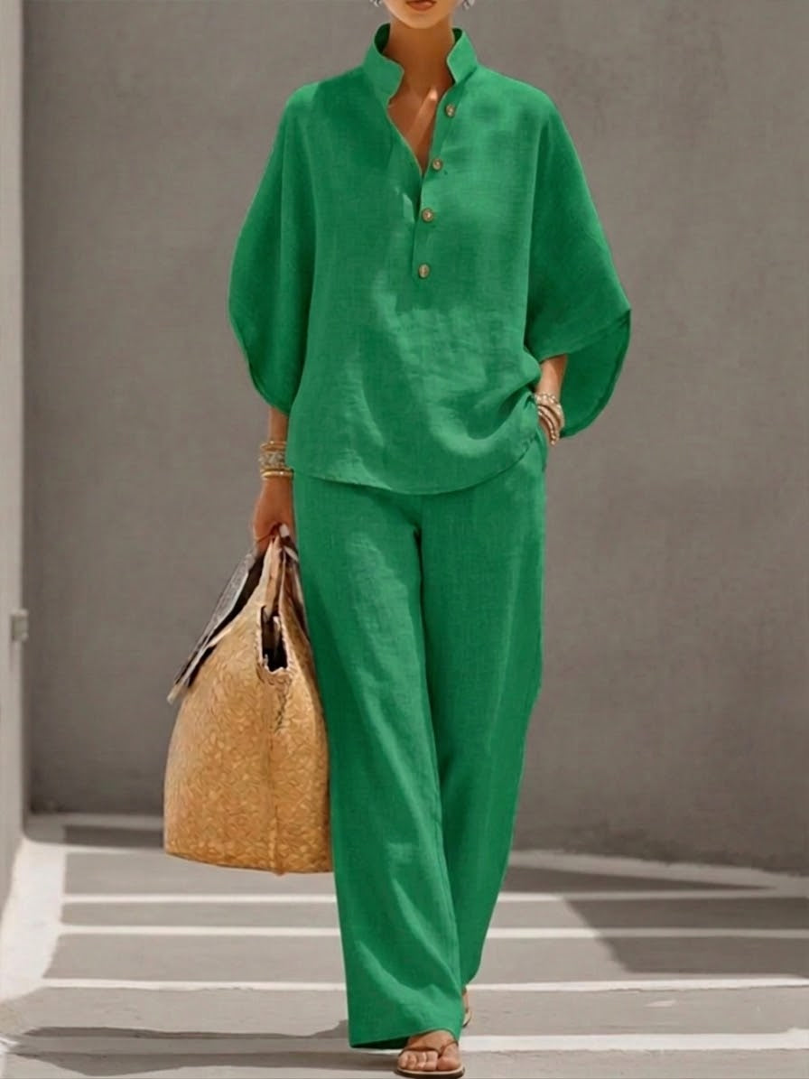 Mariel | Ensemble en coton et lin avec manches chauve-souris et pantalon large