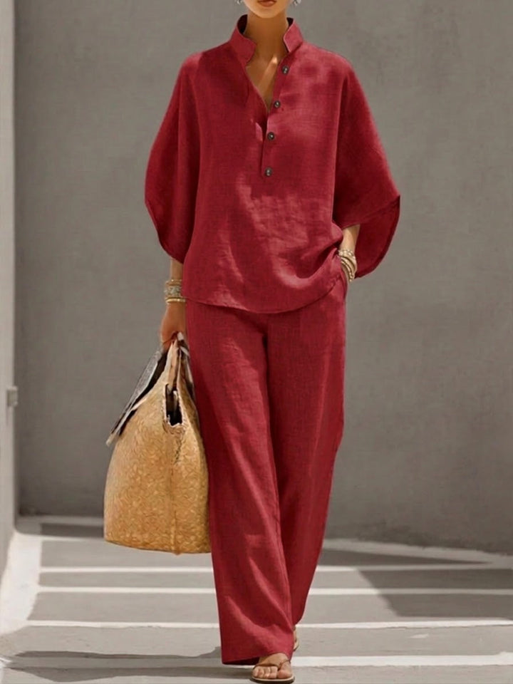 Mariel | Ensemble en coton et lin avec manches chauve-souris et pantalon large
