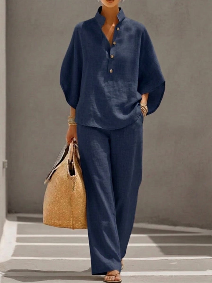 Mariel | Ensemble en coton et lin avec manches chauve-souris et pantalon large