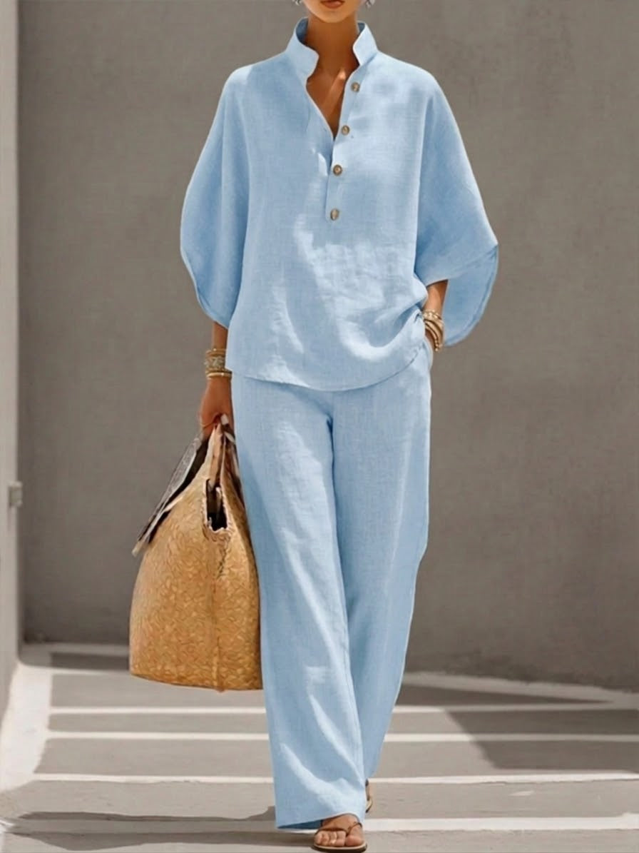 Mariel | Ensemble en coton et lin avec manches chauve-souris et pantalon large