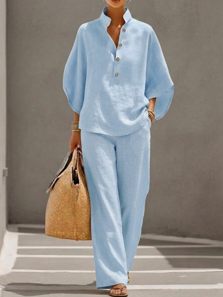 Mariel | Ensemble en coton et lin avec manches chauve-souris et pantalon large